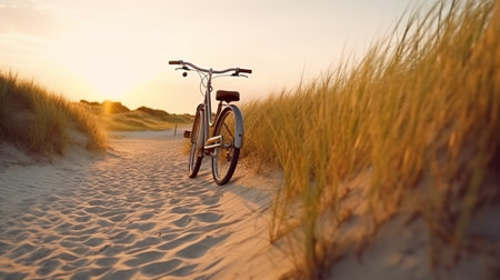 A bike is parked on a sandy path. Generative AI. Sand, grass on dunes, Baltic sea.の素材