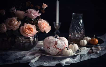 A table topped with white pumpkins and pink roses. AI generative Halloween display.の素材