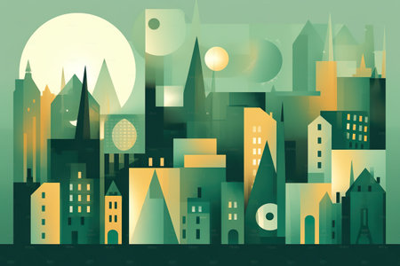 A painting of a city with trees and buildings. Low impact green sustainable town. Generative AI.の素材