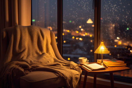 A chair with a blanket on it next to a window. Generative AI. Lamp illuminating reading nook by large window.の素材