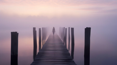 A person standing on a dock in the fog. Generative AI.の素材