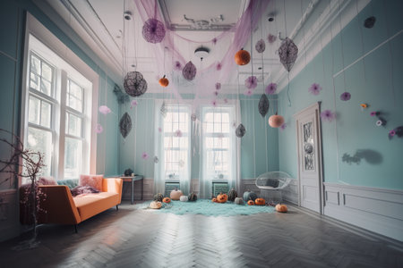 A room decorated for halloween with decorations hanging from the ceiling. AI generative Halloween display in pastel colors.の素材