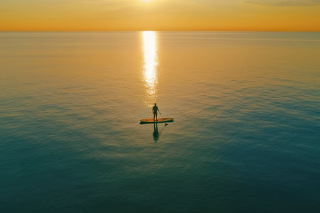 A person on a paddle board, sup board in the middle of the ocean. Generative AI.の素材