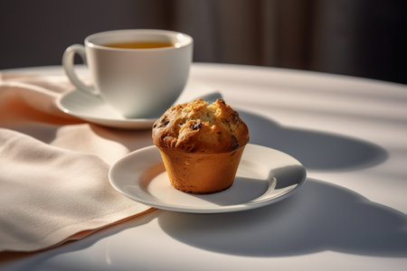 A muffin on a plate next to a cup of coffee. AI generative.の素材