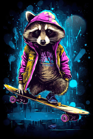 A raccoon in a hoodie riding a skateboard. Generative AI.の素材