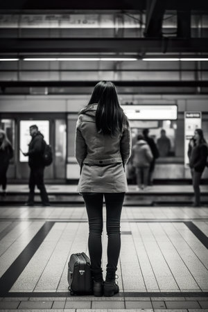 A woman standing on a subway platform with a suitcase. Generative AI.の素材