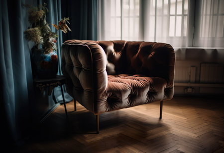 A brown chair sitting in front of a window. AI generative.の素材