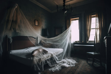 A woman laying on a bed covered in a sheet. AI generative.の素材