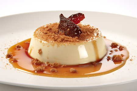 Panna cotta, sweetened cream set with gelatin and covered with burned caramelized sugar crust. Generative AI.の素材
