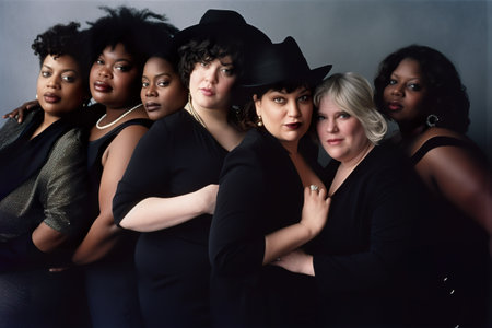 Diverse group of curvy, plus size, active, big, chubby woman standing next to each other. Generative AI illustration, plus size beauty campaign, muted colorsの素材