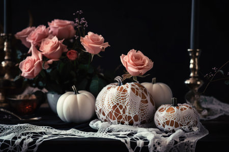 A table topped with white pumpkins and pink roses. AI generative Halloween display.の素材
