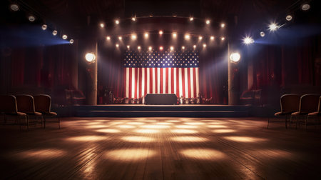 An empty stage with a flag on it. Generative AI.の素材
