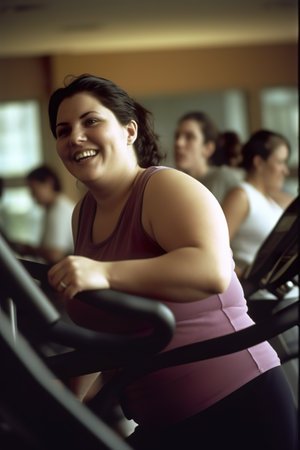 A woman is smiling while riding a stationary bike. Generative AI.の素材