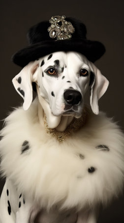 A dalmatian dog wearing a black hat and fur. Generative AI.の素材