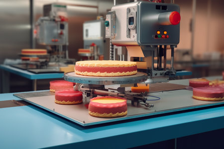 Sweets factory, cakes, macarons on a conveyor belt. AI generative industrial cake line.の素材