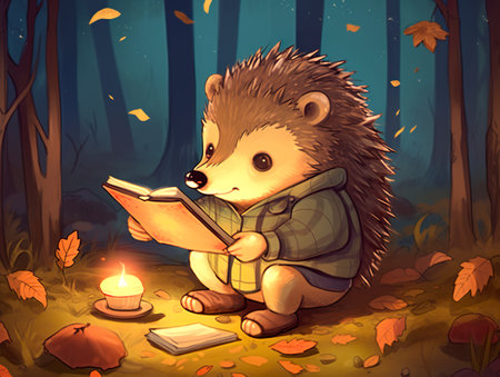 A hedge is reading a book in the woods. Generative AI.の素材