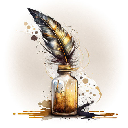 A feather quill in a glass jar with ink splatters. Generative AI.の素材