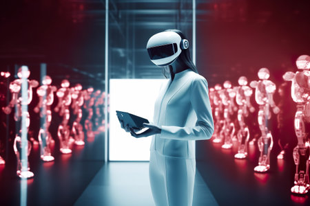 A woman in a white suit standing in front of a room full of mannequins. Generative AI.の素材