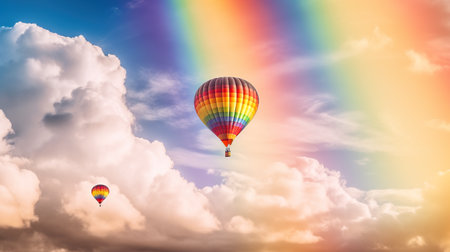 A rainbow colored hot air balloon flying through a cloudy sky. Generative AI.の素材