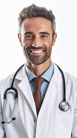 A man wearing a lab coat and a stethoscope. Generative AI.の素材