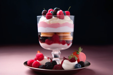 A dessert in a glass on a plate. AI generative.の素材