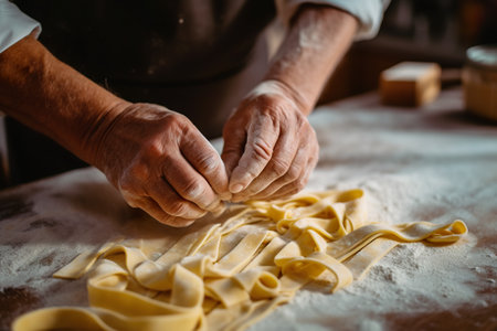 A man is making homemade pasta on a table. Generative AI.の素材
