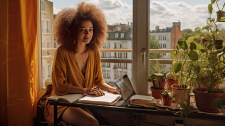 A woman sitting at a table with a laptop. Generative AI. Professional freelancer working from home, work life balance.の素材