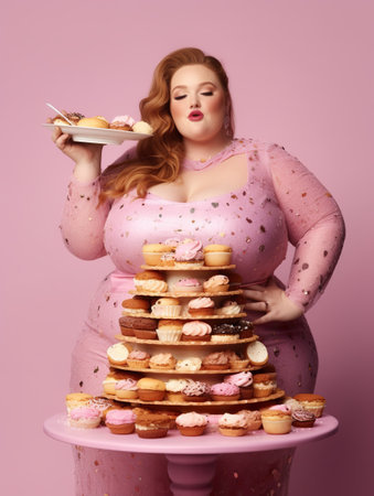 A plump woman in a pink dress holding a plate of donuts. Generative AI. Body positivity campaign ideas.の素材