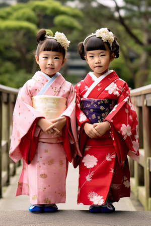Two little girls in kimono standing on a bridge. Generative AI. Shichi-Go-San festival day.の素材