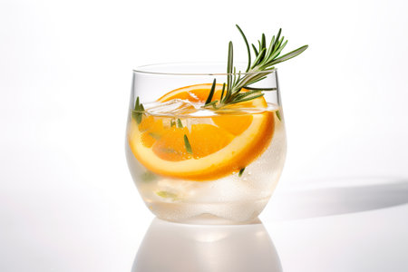 Rosemary Citrus Spritzer with a slice of orange and a sprig of rosemary. AI generative drink.の素材