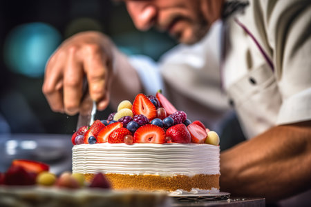 A man cutting a cake with a knife. Generative AI.の素材