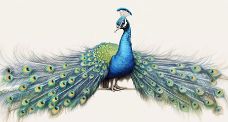 A blue and green peacock with long feathers. Generative AI.の素材