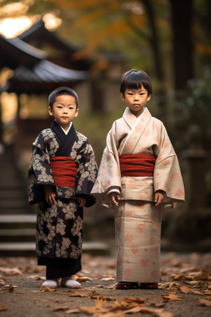 Two young boys dressed in kimono standing next to each other. Generative AI. Shichi-Go-San festival day.の素材