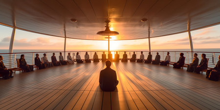 A group of people sitting on the deck of a cruise ship. Generative AI.の素材