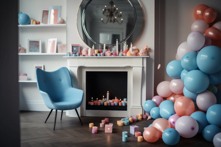 A living room with a fireplace and a bunch of balloons. AI generative Halloween display.の素材