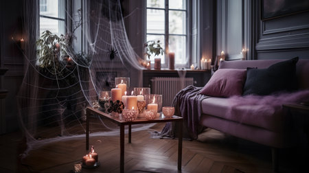 A living room filled with candles and a spider web. AI generative.の素材