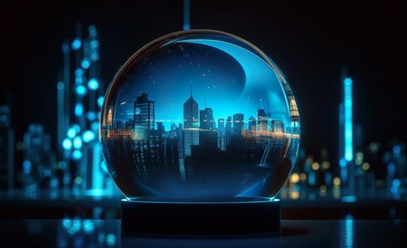 A crystal ball sitting on top of a table. AI generative image of city skyline at night reflected in the ball. Evening blue light with orange city lights, color harmonyの素材
