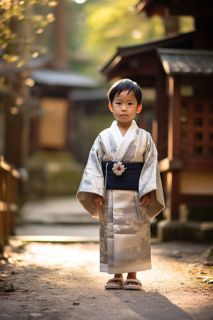 A young boy in a kimono standing on a path. Generative AI. Shichi-Go-San festival day.の素材