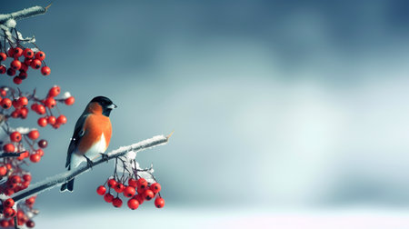 Cute bullfinch bird sits on twig with red rowan berries, Christmas greeting card, AI generative illustration, copy-spaceの素材