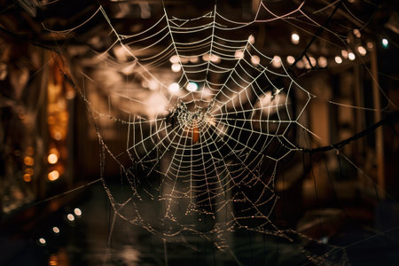 A spider web in the middle of a dark room. AI generative.の素材