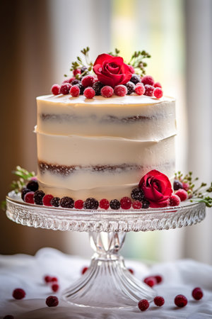 A frosted cake with berries on top of it. Generative AI.の素材