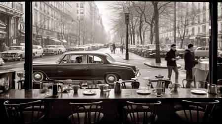 A black and white photo of a car parked in front of a restaurant. Generative AI. Imaginary Paris street photography.の素材