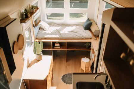 A small bedroom with a bed and a sink. AI generative. Tiny house interior concept image.の素材