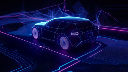 Latest car safety features, panels and glowing sensors, showcase, AI generative futuristic illustrationの素材