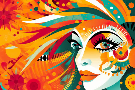 A woman"s face with bright colored hair. Generative AI.の素材