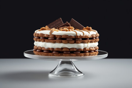 A cake with white frosting and chocolate pieces on top. Generative AI.の素材