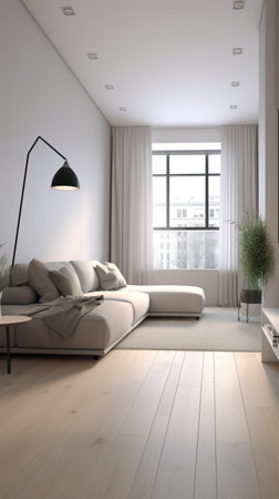 A living room with a couch and a television. Generative AI.の素材