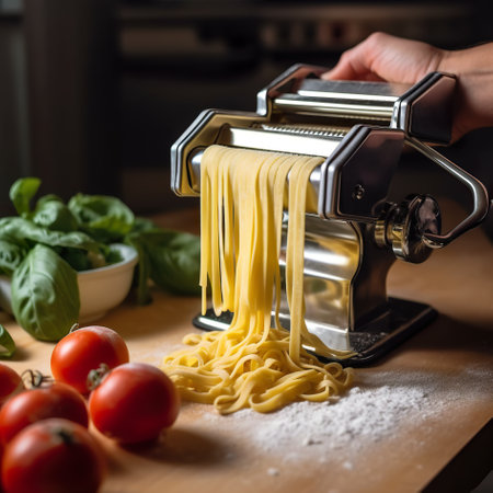 A pasta machine being used to make pasta. Generative AI.の素材