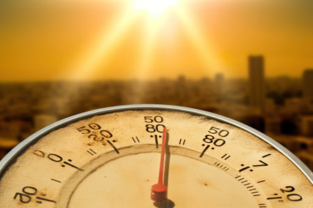 A close up of a thermometer with a city in the background. Generative AI. Thermometer showing extreme temperatures. Thermometer showing extreme temperatures.の素材