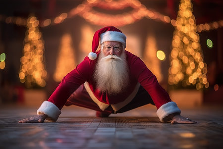 A man dressed as santa claus doing a yoga pose. Generative AI.の素材
